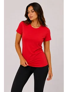 Kadın Basic Tişört Bisiklet Yaka Kısa Kol Günlük Yazlık Slim Fit T-shirt - Kırmızı