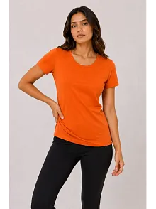 Kadın Basic Tişört Bisiklet Yaka Kısa Kol Günlük Yazlık Slim Fit T-shirt - Turuncu