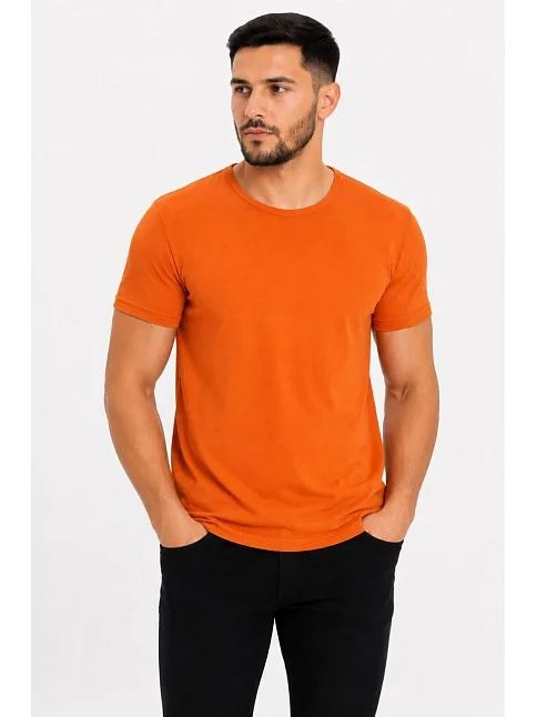 Erkek Basic Tişört Bisiklet Yaka Kısa Kol Günlük Yazlık Slim Fit T-shirt - Turuncu