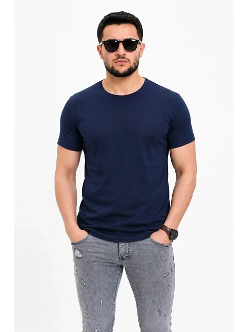Erkek Basic Tişört Bisiklet Yaka Kısa Kol Günlük Yazlık Slim Fit T-shirt - Lacivert