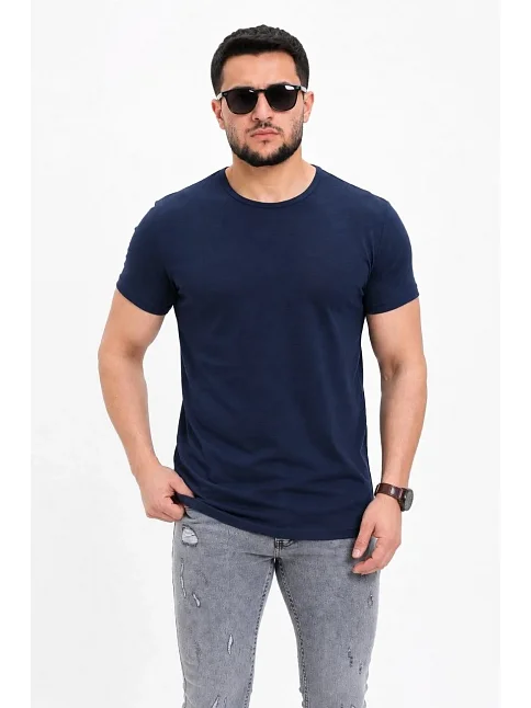 Erkek Basic Tişört Bisiklet Yaka Kısa Kol Günlük Yazlık Slim Fit T-shirt - Lacivert