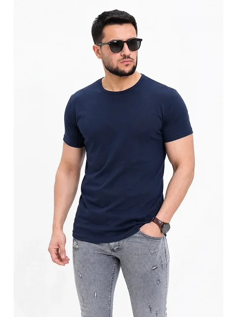 Erkek Basic Tişört Bisiklet Yaka Kısa Kol Günlük Yazlık Slim Fit T-shirt - Lacivert