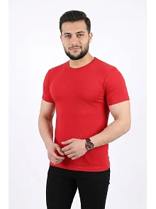 Erkek Basic Tişört Bisiklet Yaka Kısa Kol Günlük Yazlık Slim Fit T-shirt - Kırmızı