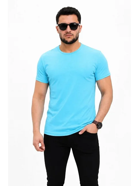 Erkek Basic Tişört Bisiklet Yaka Kısa Kol Günlük Yazlık Slim Fit T-shirt - Açık Mavi