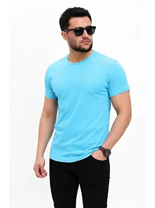 Erkek Basic Tişört Bisiklet Yaka Kısa Kol Günlük Yazlık Slim Fit T-shirt - Açık Mavi