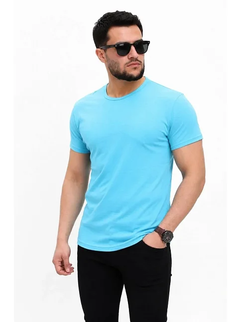 Erkek Basic Tişört Bisiklet Yaka Kısa Kol Günlük Yazlık Slim Fit T-shirt - Açık Mavi