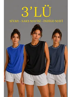 Kadın 3’lü Kolsuz Sporcu Atlet Seti Yazlık Bisiklet Yaka - Siyah, Saks Mavisi, İndigo