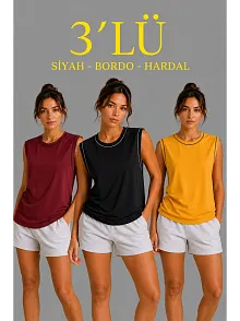 Kadın 3’lü Kolsuz Sporcu Atlet Seti Yazlık Bisiklet Yaka - Siyah, Bordo, Hardal