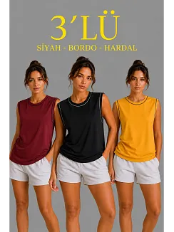 Kadın 3’lü Kolsuz Sporcu Atlet Seti Yazlık Bisiklet Yaka - Siyah, Bordo, Hardal
