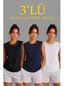 Kadın 3’lü Kolsuz Sporcu Atlet Seti Yazlık Bisiklet Yaka - Siyah, Lacivert, Beyaz