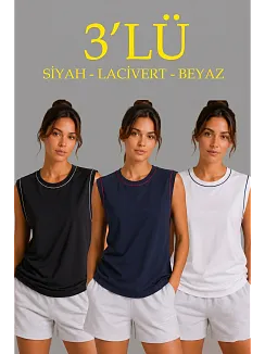 Kadın 3’lü Kolsuz Sporcu Atlet Seti Yazlık Bisiklet Yaka - Siyah, Lacivert, Beyaz