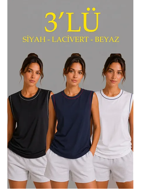 Kadın 3’lü Kolsuz Sporcu Atlet Seti Yazlık Bisiklet Yaka - Siyah, Lacivert, Beyaz
