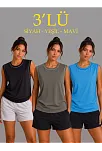 Kadın 3’lü Kolsuz Sporcu Atlet Seti Yazlık Bisiklet Yaka - Siyah, Haki, Mavi