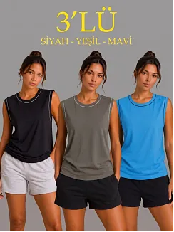 Kadın 3’lü Kolsuz Sporcu Atlet Seti Yazlık Bisiklet Yaka - Siyah, Haki, Mavi