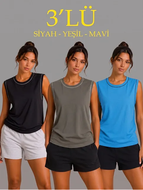 Kadın 3’lü Kolsuz Sporcu Atlet Seti Yazlık Bisiklet Yaka - Siyah, Haki, Mavi
