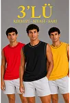 Erkek 3’lü Kolsuz Sporcu Atlet Seti Yazlık Bisiklet Yaka - Siyah, Kırmızı, Sarı