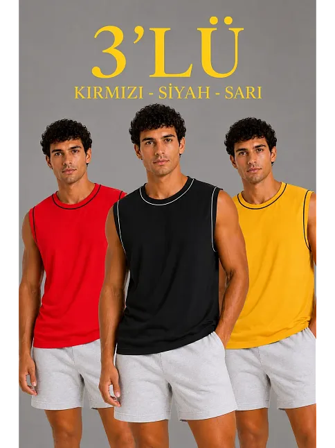 Erkek 3’lü Kolsuz Sporcu Atlet Seti Yazlık Bisiklet Yaka - Siyah, Kırmızı, Sarı