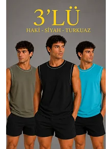 Erkek 3’lü Kolsuz Sporcu Atlet Seti Yazlık Bisiklet Yaka - Siyah, Haki, Açık Mavi
