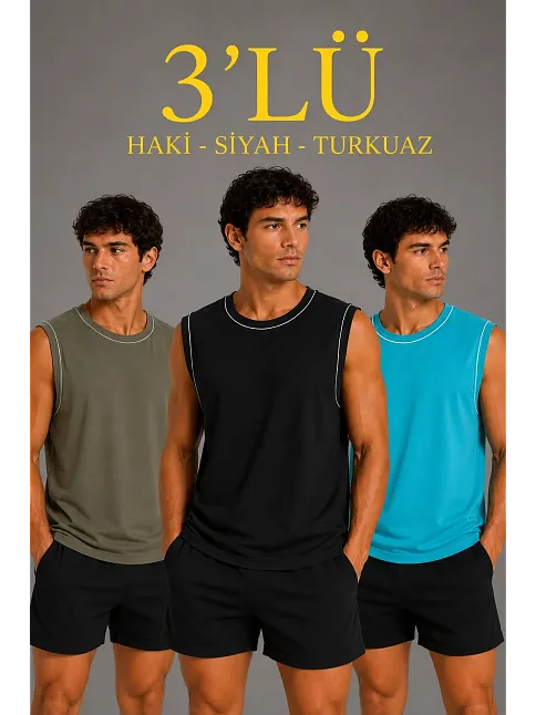 Erkek 3’lü Kolsuz Sporcu Atlet Seti Yazlık Bisiklet Yaka - Siyah, Haki, Açık Mavi Erkek 3’lü Kolsuz Sporcu Atlet Seti Yazlık Bisiklet Yaka - Siyah, Haki, Açık Mavi