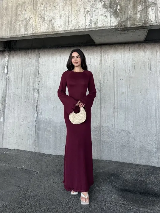 Acık Sırt Detaylı Maxi Uzun Boy Elbise- Bordo Acık Sırt Detaylı Maxi Uzun Boy Elbise- Bordo