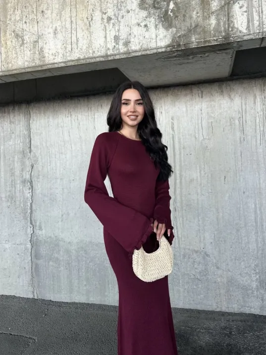 Acık Sırt Detaylı Maxi Uzun Boy Elbise- Bordo Acık Sırt Detaylı Maxi Uzun Boy Elbise- Bordo