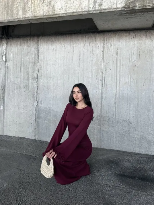 Acık Sırt Detaylı Maxi Uzun Boy Elbise- Bordo Acık Sırt Detaylı Maxi Uzun Boy Elbise- Bordo