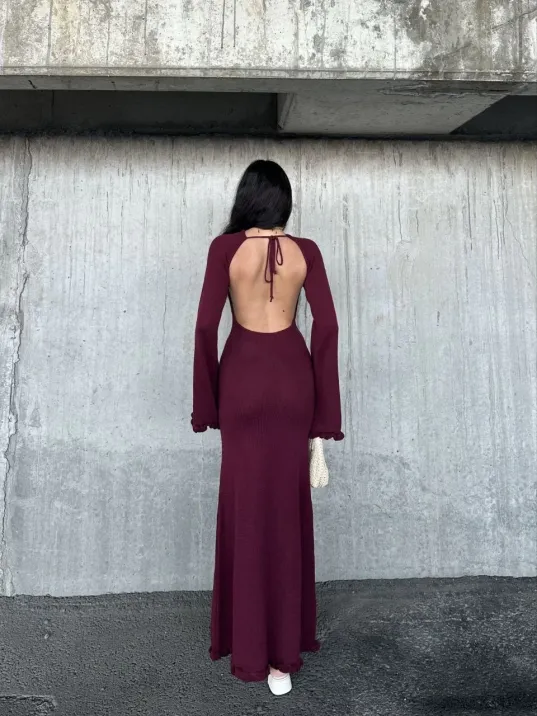 Acık Sırt Detaylı Maxi Uzun Boy Elbise- Bordo Acık Sırt Detaylı Maxi Uzun Boy Elbise- Bordo