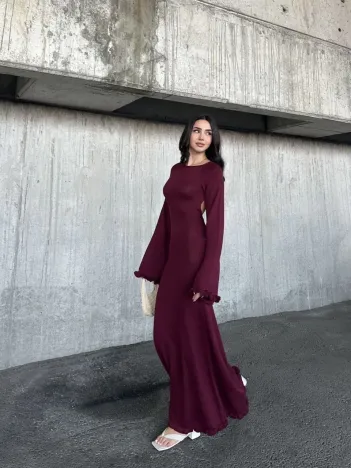 Acık Sırt Detaylı Maxi Uzun Boy Elbise- Bordo Acık Sırt Detaylı Maxi Uzun Boy Elbise- Bordo