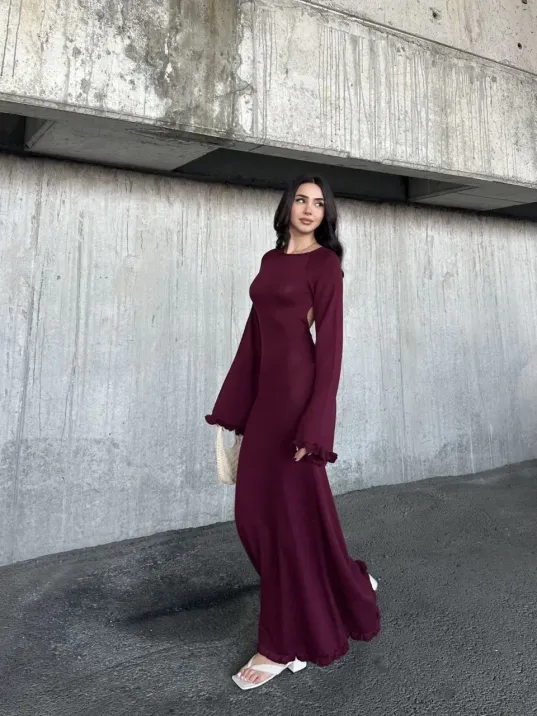 Acık Sırt Detaylı Maxi Uzun Boy Elbise- Bordo Acık Sırt Detaylı Maxi Uzun Boy Elbise- Bordo
