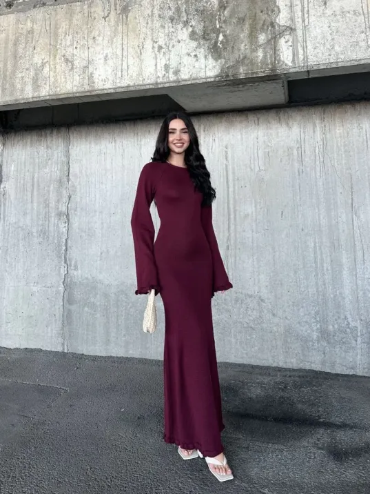 Acık Sırt Detaylı Maxi Uzun Boy Elbise- Bordo Acık Sırt Detaylı Maxi Uzun Boy Elbise- Bordo