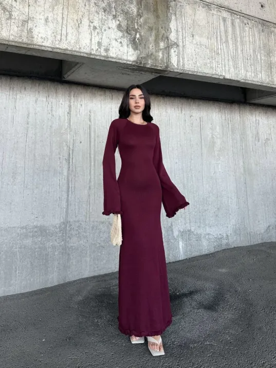 Acık Sırt Detaylı Maxi Uzun Boy Elbise- Bordo Acık Sırt Detaylı Maxi Uzun Boy Elbise- Bordo