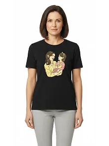 Anneler Günü Hediye Anne Kız Temalı Baskılı Oversize Bisiklet Yaka T-shirt - Siyah