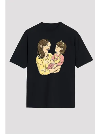 Anneler Gününe Özel Tasarım Anne Kız Baskılı T-shirt - Siyah