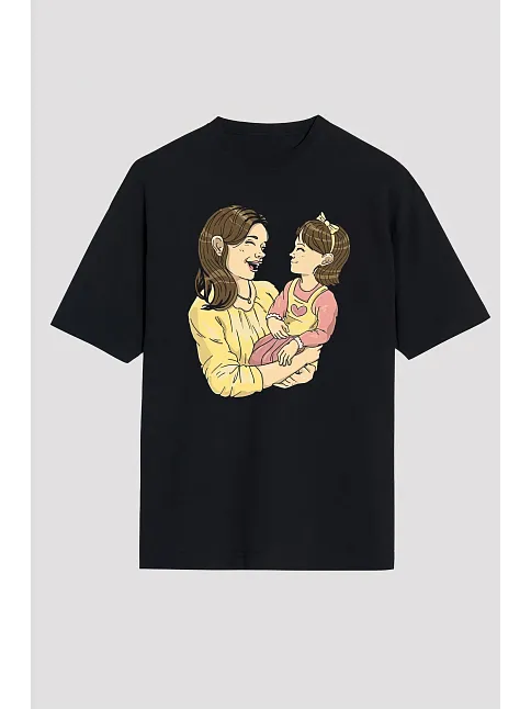 Anneler Gününe Özel Tasarım Anne Kız Baskılı T-shirt - Siyah