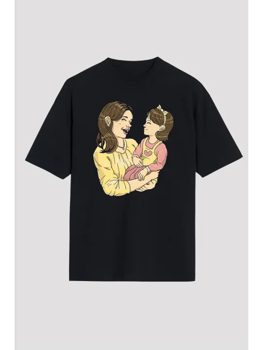 Anneler Gününe Özel Tasarım Anne Kız Baskılı T-shirt - Siyah Anneler Gününe Özel Tasarım Anne Kız Baskılı T-shirt - Siyah