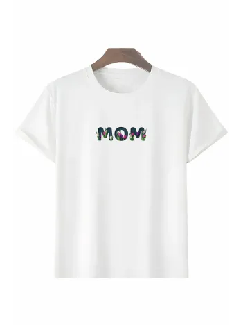 Anneler Gününe Özel Tasarım mom Çiçek Baskılı T-shirt - Beyaz