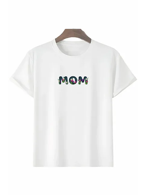 Anneler Gününe Özel Tasarım Mom Çiçek Baskılı T-shirt - Beyaz