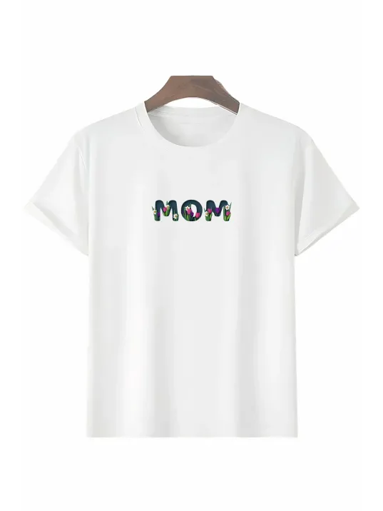 Anneler Gününe Özel Tasarım mom Çiçek Baskılı T-shirt - Beyaz