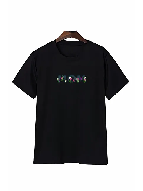 Anneler Gününe Özel Tasarım Mom Çiçek Baskılı T-shirt - Siyah