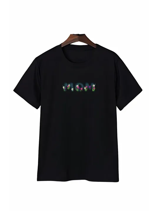 Anneler Gününe Özel Tasarım mom Çiçek Baskılı T-shirt - Siyah Anneler Gününe Özel Tasarım mom Çiçek Baskılı T-shirt - Siyah