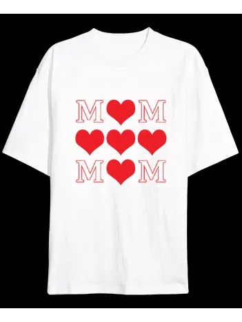 Anneler Gününe Özel Tasarım MOM Kalp Baskılı T-shirt - Beyaz