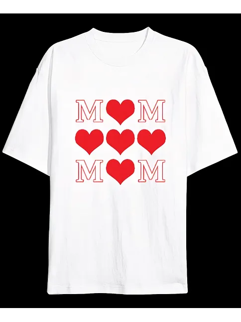 Anneler Gününe Özel Tasarım Mom Kalp Baskılı T-shirt - Beyaz