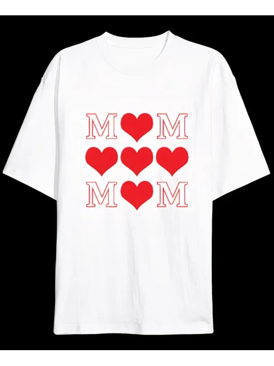 Anneler Gününe Özel Tasarım MOM Kalp Baskılı T-shirt - Beyaz