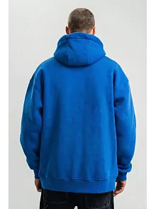 Erkek Saks Mavi Double Oversize 3 İplik Pamuklu Kapüşonlu Kanguru Cepli Sweatshirt Hoodie - Saks Mavi