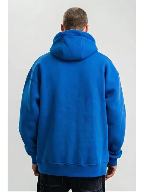 Erkek Saks Mavi Double Oversize 3 İplik Pamuklu Kapüşonlu Kanguru Cepli Sweatshirt Hoodie - Saks Mavi
