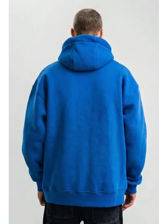 Erkek Saks Mavi Double Oversize 3 İplik Pamuklu Kapüşonlu Kanguru Cepli Sweatshirt Hoodie - Saks Mavi