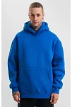 Erkek Saks Mavi Double Oversize 3 İplik Pamuklu Kapüşonlu Kanguru Cepli Sweatshirt Hoodie - Saks Mavi