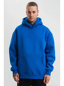 Erkek Saks Mavi Double Oversize 3 İplik Pamuklu Kapüşonlu Kanguru Cepli Sweatshirt Hoodie - Saks Mavi