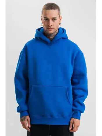 Erkek Saks Mavi Double Oversize 3 İplik Pamuklu Kapüşonlu Kanguru Cepli Sweatshirt Hoodie - Saks Mavi
