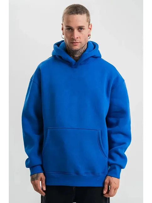 Erkek Saks Mavi Double Oversize 3 İplik Pamuklu Kapüşonlu Kanguru Cepli Sweatshirt Hoodie - Saks Mavi